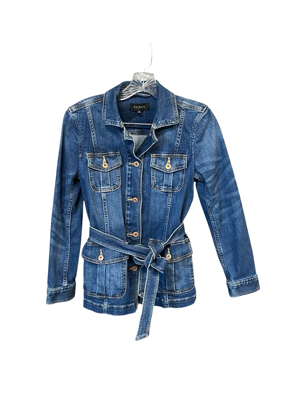 Talbots Belted Denim Utility Jacket Dark Wash Stretch Jean Jacket S Petite